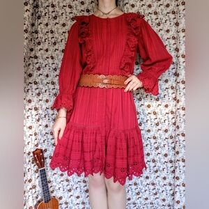 La Vie Rebecca Taylor ❉ Dobby Eyelet Stripe Ruffle Peasant Dress Carmine Red XS